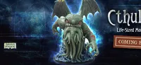 Dark blue cosmic background with faint starry lines. White stylized text reads "Cthulhu" at top. Below, smaller white text says "Life-Sized Monument." Brown banner with white text: "COMING SOON!"