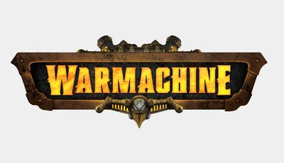 The image features the logo for "Warmachine," prominently displayed with bold, fiery yellow letters against a textured black and brown background. Above the text, there are mechanical elements resembling pipes or machinery, adding to the industrial theme of the game. The overall design conveys a sense of power and intensity, fitting for the tabletop gaming universe it represents.