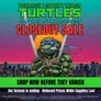 A Teenage Mutant Ninja Turtle character in green shell, blue mask, and orange bandana holds two crossed swords. Neon sign reads: "TEENAGE MUTANT NINJA TURTLES & OTHER STRANGENESS CLOSEOUT SALE" with "SHOP NOW BEFORE THEY VANISH" below. City skyline in background.