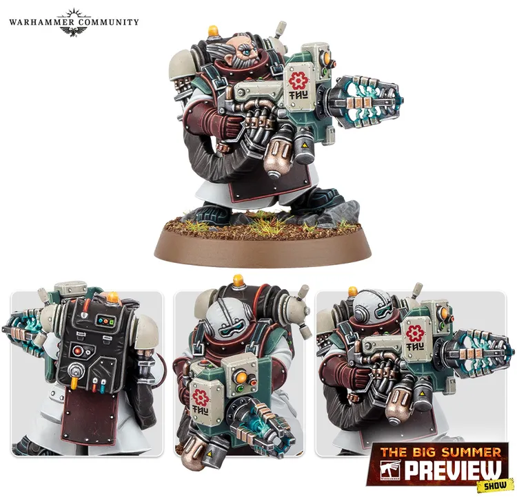 A detailed miniature of a character from the Leagues of Votann, featuring a robust figure with a large, round body and a prominent head. The character is equipped with a futuristic weapon in one hand and has various mechanical components and gadgets on their back, including a large pack with buttons and lights. The color scheme includes shades of gray, red, and teal, with a textured base that has tufts of grass, enhancing the overall sci-fi aesthetic.