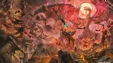 Giant stone head, crumbling ruins, fiery sky, dragon-like creature, armored figure with spear.