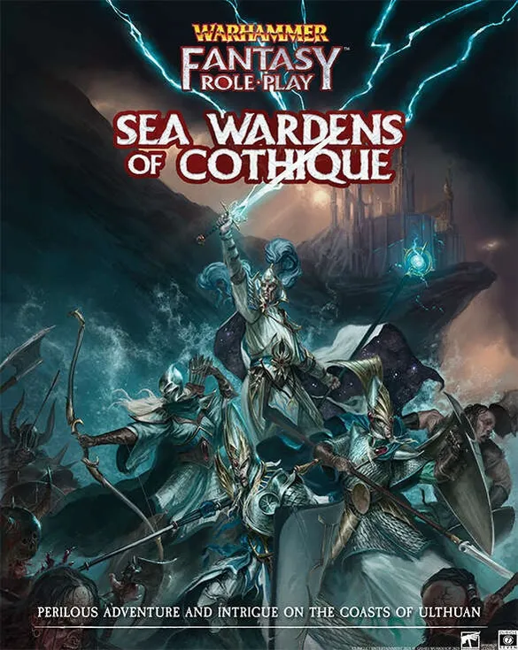 A dramatic illustration features a group of High Elves, clad in ornate armor, standing on a rocky coastline amidst crashing waves. One elf, prominently positioned in the center, raises a glowing sword, while others wield weapons and prepare for battle, their expressions fierce and determined. In the background, a dark, ominous sky is illuminated by flashes of lightning, and a distant fortress can be seen atop a cliff, hinting at the perilous adventures awaiting in the 