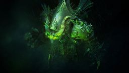 A towering 80mm warjack named Deathjack, characterized by its dark, menacing design, stands prominently in the image. Its body is adorned with spikes and skulls, featuring glowing green accents that enhance its intimidating presence. The background is dark and atmospheric, suggesting a foreboding environment fitting for this soul-hungry terror.