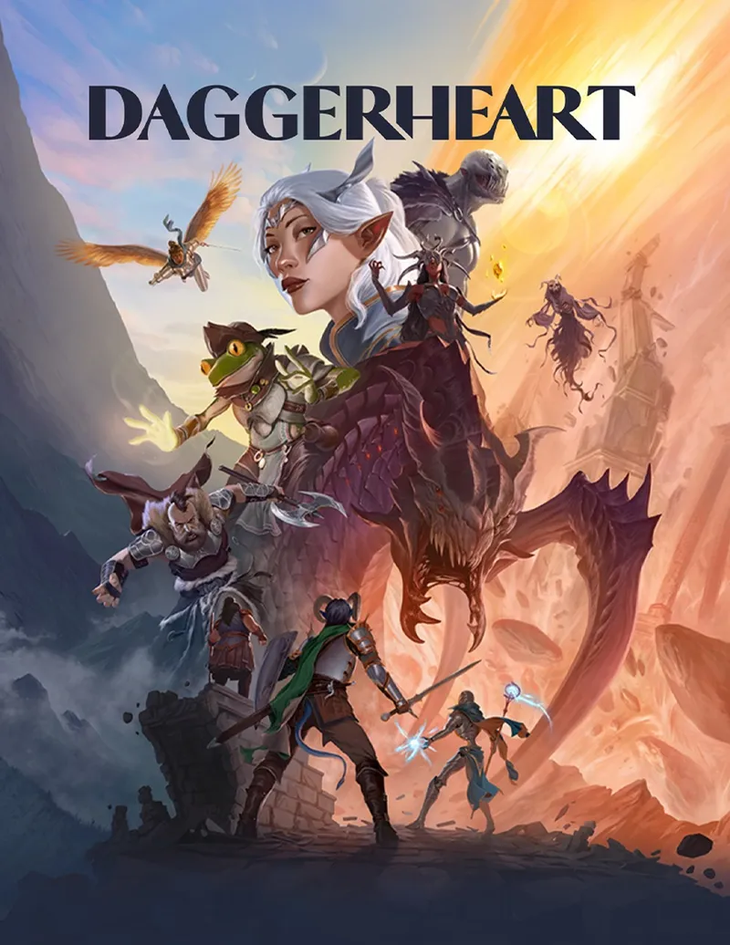A fantasy-themed illustration featuring characters from the tabletop roleplaying game "DAGGERHEART," as displayed in bold, stylized text at the top. In the foreground, a woman with long, pale blue hair and pointed ears wears ornate, dark purple armor with gold accents. She holds a dagger in one hand and a glowing, spectral green weapon in the other. Behind her, a small, green-skinned creature with bat-like wings and large eyes clings to her shoulder.

To her left, a winged figure with golden armor and a sword flies upward, casting a bright light. Below, a muscular humanoid in heavy armor with a horned helmet wields a large hammer. Another armored figure with a skeletal, monstrous face and tattered wings stands nearby, holding a jagged weapon. In the lower right, a smaller character in blue clothing and a hood holds a glowing blue orb in one hand and a staff in the other.

The setting appears to be a rocky, mountainous landscape with a warm, orange sky and distant cliffs. Several shadowy, bat-like creatures fly in the background.