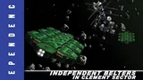 Spacecraft in green and gray colors flying near rocky debris in space. Text reads: "ON THE ROCKS," "INDEPENDENCE G," "INDEPENDENT BELTERS IN CLEMENT SECTOR," "CEPHEUS ENGINE," and "CLEMENT SECTOR" with a logo.