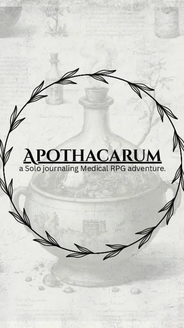 Black circular laurel wreath with text "APOTHACARUM a Solo journaling Medical RPG adventure."