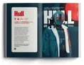 A character playbook titled "Hull" features a humanoid robot with glowing red eyes, dressed in a stylish jacket, and accompanied by a black cat perched on its shoulder. The background is a gradient of dark blue, with the title "HULL" prominently displayed in bold red letters, along with the subtitle "THE SOUL OF A CONDEMNED CRIMINAL TRAPPED IN A ROBOT BODY." The text on the left side provides a brief description of the character's backstory and abilities, emphasizing themes of identity and rebellion.