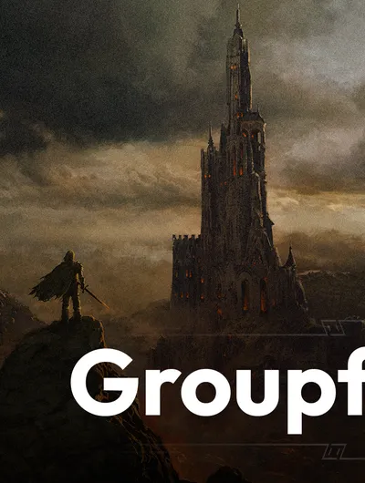 A dark, atmospheric landscape features a towering, gothic castle with intricate spires and a foreboding presence, set against a backdrop of ominous clouds and distant hills. The color palette is dominated by muted grays and browns, enhancing the sense of mystery and adventure. The word "Groupfinder" is prominently displayed in bold, white text at the bottom, suggesting a connection to the theme of exploration and discovery in tabletop role-playing games.