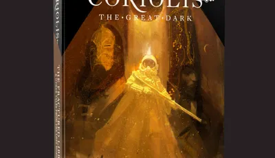 A book titled "Coriolis: The Great Dark - The Fractured Library & Other Tales From the Last Horizon" is displayed against a dark background. The cover features an ethereal illustration of a cloaked figure holding a weapon, surrounded by abstract shapes and hints of celestial elements. The title and subtitle are prominently displayed in bold, white text at the top and bottom of the cover, emphasizing the adventurous themes of the science fiction roleplaying game.