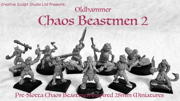 A collection of ten hand-sculpted beastmen miniatures is displayed, showcasing a variety of bizarre mutations, including hooves, tentacles, and horns. Each figure is cast in white metal and features unique weapons and minimal armor, emphasizing their grotesque designs. The text "Oldhammer Chaos Beastmen 2" is prominently featured, along with a subtitle indicating they are inspired by 28mm miniatures.