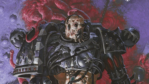 A heavily armored figure representing the Emperor's Children stands prominently, showcasing intricate details such as spikes, chains, and a skull-like face. The armor is predominantly black with metallic accents, and the character holds a weapon adorned with various symbols. The background features a surreal, purple and red organic texture, enhancing the chaotic and hedonistic theme of the design.