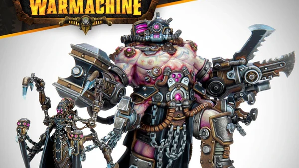 Exulon Nostilla, a Cephalyx psychic, stands on the left, adorned in dark robes with intricate mechanical details and glowing pink accents. Beside her is Aberration, a large, muscular monstrosity equipped with various mechanical enhancements and weapons, showcasing a mix of flesh and metal. Both figures are set against a neutral background, with the "WARMACHINE" logo prominently displayed at the top.
