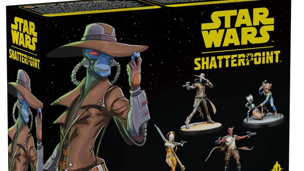 A box for the "Fistful of Credits" expansion for Star Wars: Shatterpoint features vibrant artwork of several bounty hunters. Prominently displayed is Cad Bane, a blue-skinned character wearing a wide-brimmed hat and a long coat, alongside Aurra Sing, who is depicted in a striking outfit. Other characters, including a Chadran-Fan, Todo 360, and a Devaronian, are shown in dynamic poses, emphasizing their roles as Secondary and Supporting Units. The box design includes the Star Wars and Shatterpoint logos, with a color scheme of black, yellow, and blue.