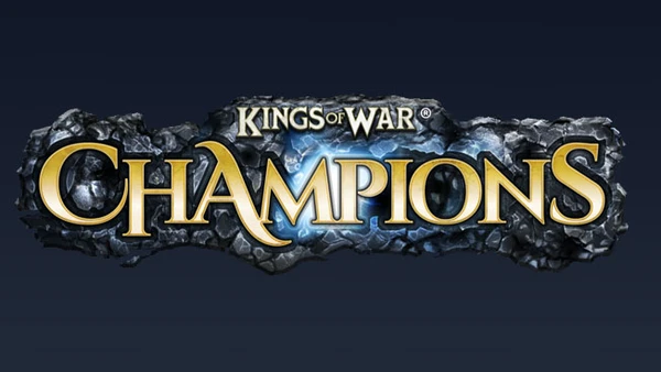 The image features the logo for "Kings of War: Champions," prominently displayed in a bold, stylized font. The word "Champions" is highlighted in a bright yellow color, contrasting against a dark, rocky background that adds a sense of depth and texture. The logo includes the trademark symbol for "Kings of War," indicating its connection to the established game series.