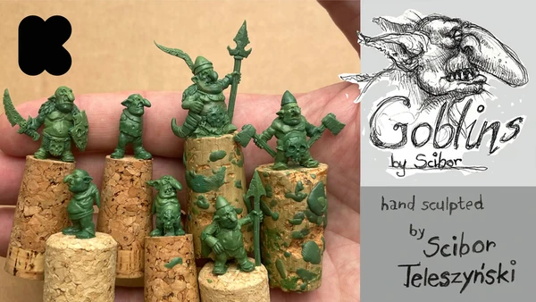 A collection of hand-sculpted goblin miniatures is displayed on cork bases, showcasing various poses and weapons, including a goblin wielding a spear and another with an axe. The miniatures are painted in a green hue, emphasizing their mischievous character. To the right, an illustration of a goblin's face accompanies the text "Goblins by Scibor" and "hand sculpted by Scibor Teleszyński."