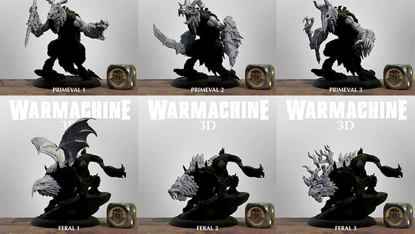 A collection of six 3D models from the Warmachine series is displayed in a grid format. The top row features three Primeval models, each showcasing unique designs with intricate details, including armor and weaponry. The bottom row presents three Feral models, characterized by their beastly forms and dynamic poses, with some featuring wings and distinctive facial features, all set against a simple background.