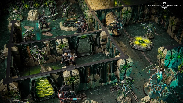 A detailed tabletop gaming scene features a futuristic battlefield with intricate terrain and structures. In the foreground, two armored figures wielding weapons stand ready, while several robotic Necron warriors are positioned strategically among the ruins. The environment is characterized by dark green and metallic colors, with glowing elements and a circular control panel in the center, enhancing the sci-fi atmosphere.