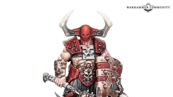 A muscular warrior stands prominently, adorned in red and black armor with sharp spikes and skull motifs. He wields a large, menacing axe in one hand and a shield with jagged edges in the other, both showcasing intricate detailing. His head is covered by a horned helmet, and he stands on a rocky base with sparse grass and skulls scattered around.