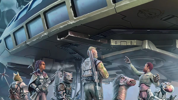 The Book Cover showing a crew looking upon their Starship