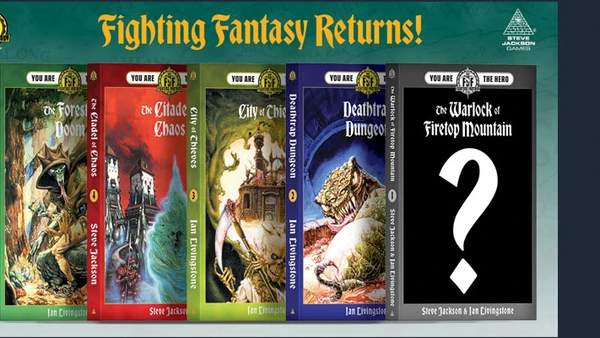 The image features five classic Fighting Fantasy adventure books lined up in a row, each with distinct cover art. From left to right, the titles are: "The Forest of Doom," "The Citadel of Chaos," "City of Thieves," "Deathtrap Dungeon," and "The Warlock of Firetop Mountain," which is marked with a question mark, indicating its cover is yet to be revealed. The covers showcase vibrant illustrations, with themes of fantasy and adventure, and the text prominently displays the titles and authors, Steve Jackson and Ian Livingstone. The background is a dark color, enhancing the visibility of the book covers and the bold title "Fighting Fantasy Returns!" at the top.