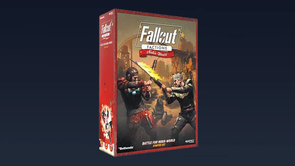 The image features the starter set box for Modiphius' Fallout: Factions skirmish game. The box is predominantly red with the game's title prominently displayed at the top, along with the subtitle "Battle for Nuka-World." The artwork depicts two characters engaged in combat: one wielding a melee weapon and the other aiming a firearm, set against a post-apocalyptic backdrop. The overall design conveys a sense of action and adventure, fitting the game's theme.