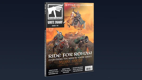 The cover of White Dwarf issue 510 features two mounted warriors from the Lord of the Rings universe, prominently showcasing a Rohirrim rider in vibrant armor and a flowing cape, alongside another figure in a more regal pose. The title "RIDE FOR ROHAN" is boldly displayed at the top, with additional text indicating the issue's focus on the Middle-earth Strategy Battle Game. The background depicts a dramatic landscape, enhancing the epic theme of the magazine. The overall color scheme combines earthy tones with striking highlights, creating an engaging visual for fans of the tabletop gaming hobby.