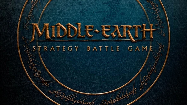 The image features the title "MIDDLE-EARTH STRATEGY BATTLE GAME" prominently displayed in a bold, stylized font, set against a textured dark blue background. Surrounding the title is a circular design that includes intricate, golden script, reminiscent of Tolkien's lore. The overall aesthetic conveys a sense of adventure and fantasy, aligning with the themes of the game.