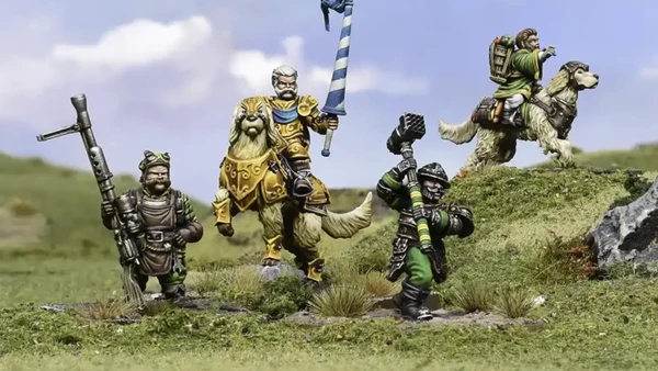 A group of halfling miniatures stands on a grassy terrain, showcasing their unique characteristics. In the center, a halfling in ornate armor rides a large, lion-like creature, holding a blue and white banner. To the left, another halfling wields a spear, while a third, dressed in green, brandishes a hammer. A fourth halfling rides a smaller, dog-like creature, completing the ensemble of pint-sized warriors. The background features a soft blue sky with scattered clouds, enhancing the whimsical atmosphere.