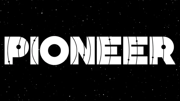 The word "PIONEER" is prominently displayed in bold, stylized letters against a black background speckled with white stars, evoking a sense of space and exploration. The letters incorporate circular and curved elements, suggesting planetary orbits, enhancing the theme of space travel. The overall design conveys a futuristic and adventurous tone, fitting for a space exploration tabletop RPG.