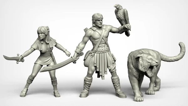 A set of three fantasy miniatures features a muscular male hero wielding a sword and holding a falcon, alongside a svelte female character brandishing a dagger. Both figures are depicted in a dynamic pose, showcasing intricate details in their clothing and accessories, reminiscent of 80s high-fantasy cinema. The miniatures are presented in a light gray color, highlighting their sculptural features.