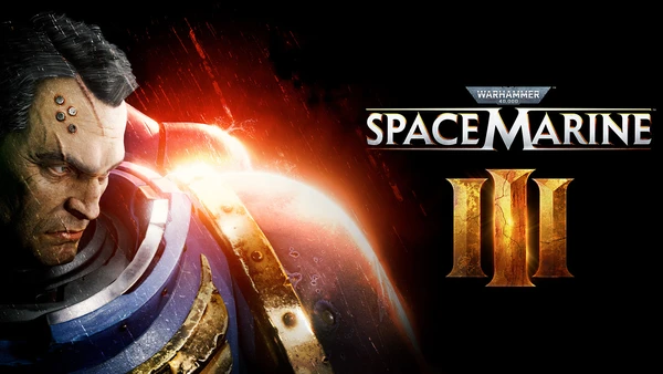 A close-up of a stern-looking Space Marine character, showcasing intricate details on his armor and facial features. The character has a rugged appearance with a prominent brow and several mechanical implants on his head, set against a dark, fiery background that enhances the dramatic effect. The image emphasizes the character's intense expression and the metallic textures of his blue and gold armor.