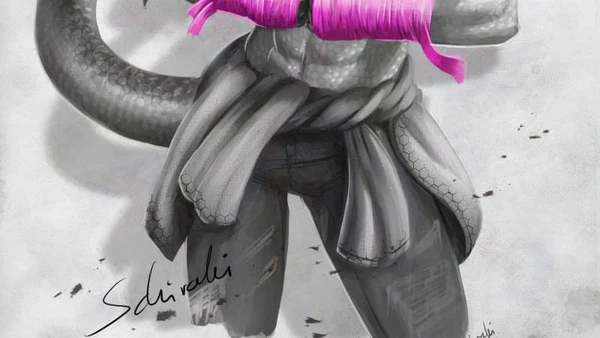 A komodo dragoness boxer with four arms looks fierce at the viewer. The image is in greyscale with pink accents.
