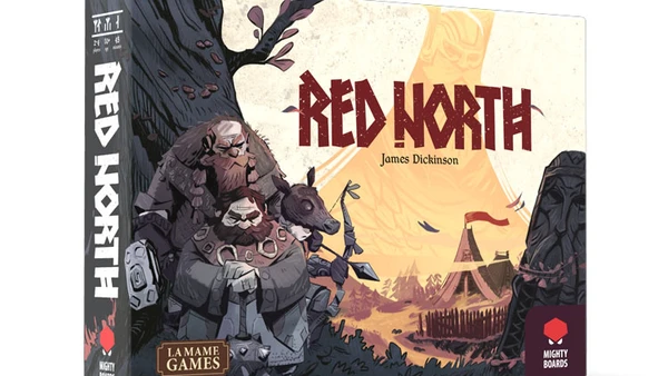 A game box for "Red North" features a stylized illustration of three warriors, including a large bearded figure and a smaller character, set against a backdrop of a Norse-inspired landscape with a tent and a large tree. The title "RED NORTH" is prominently displayed in bold red letters, with the designer's name, James Dickinson, below it. The box also includes the logos for Mighty Boards and La Mame Games.