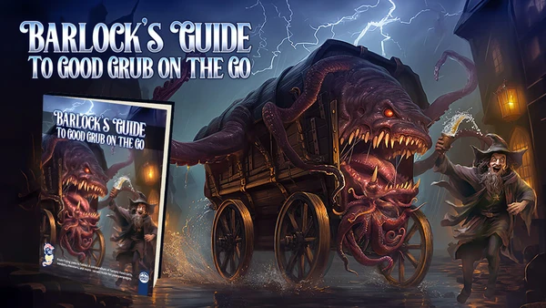 A whimsical and slightly eerie scene features a large, monstrous cart with a gaping mouth filled with sharp teeth, and tentacles extending from its sides. In the foreground, a jovial wizard, dressed in a dark robe and a pointed hat, holds a tankard and appears to be enthusiastically gesturing towards the cart. The background is illuminated by flickering lanterns, with dark stormy skies and flashes of lightning adding to the dramatic atmosphere.