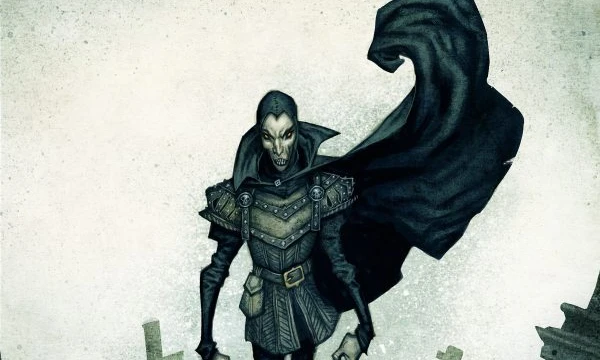 A tall, skeletal figure stands menacingly in a graveyard, wearing dark, tattered clothing and a hooded cloak. The character has a gaunt face with exaggerated features, including sharp cheekbones and a wide, sinister grin. In the background, weathered gravestones are partially obscured by mist, enhancing the eerie atmosphere of the scene.