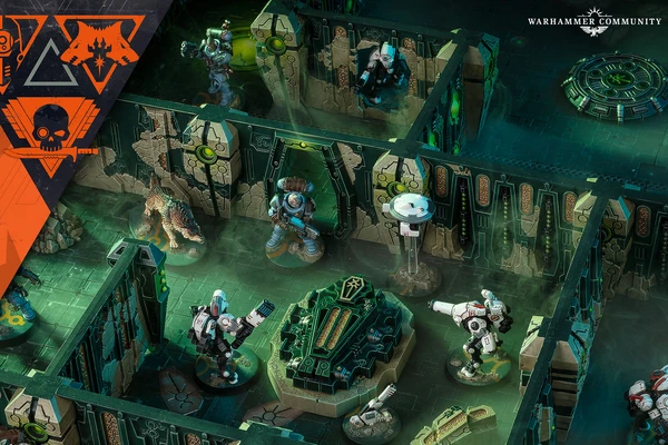 A detailed tabletop scene showcases a Kill Team game setup featuring miniatures from the Space Wolves and Tau factions. In the foreground, a Space Wolf in blue armor stands beside a green, ornate tomb-like structure, while two Tau in XV26 battlesuits are positioned nearby, ready for action. The backdrop includes intricately designed walls with glowing green accents and a hovering drone, creating a sci-fi atmosphere within a Tomb World killzone.