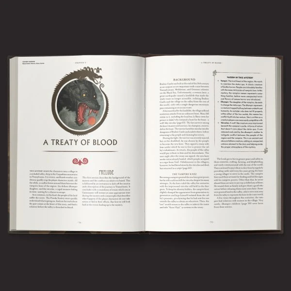An open book displays two pages featuring the chapter titled "A Treaty of Blood." The left page includes an illustration of a fierce, black creature with sharp teeth and a red orb in its mouth, framed by a decorative circular border. The right page contains text detailing the background of the mystery, with headings and paragraphs formatted for easy reading. The overall design is elegant, with a dark background that enhances the visual elements.