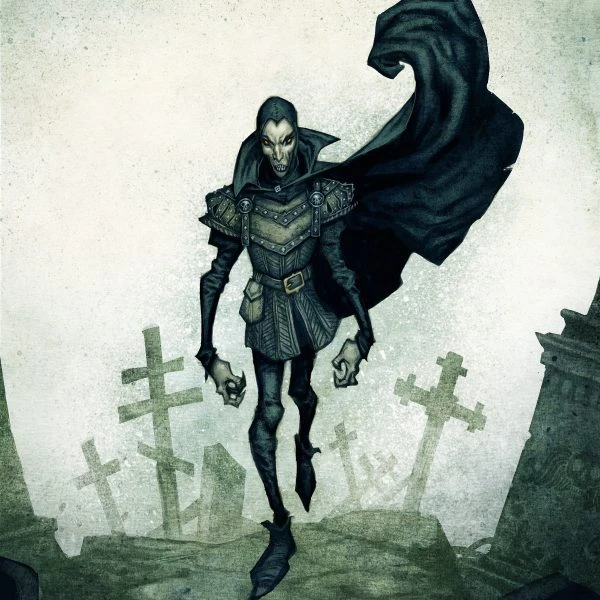 A tall, skeletal figure stands menacingly in a graveyard, wearing dark, tattered clothing and a hooded cloak. The character has a gaunt face with exaggerated features, including sharp cheekbones and a wide, sinister grin. In the background, weathered gravestones are partially obscured by mist, enhancing the eerie atmosphere of the scene.