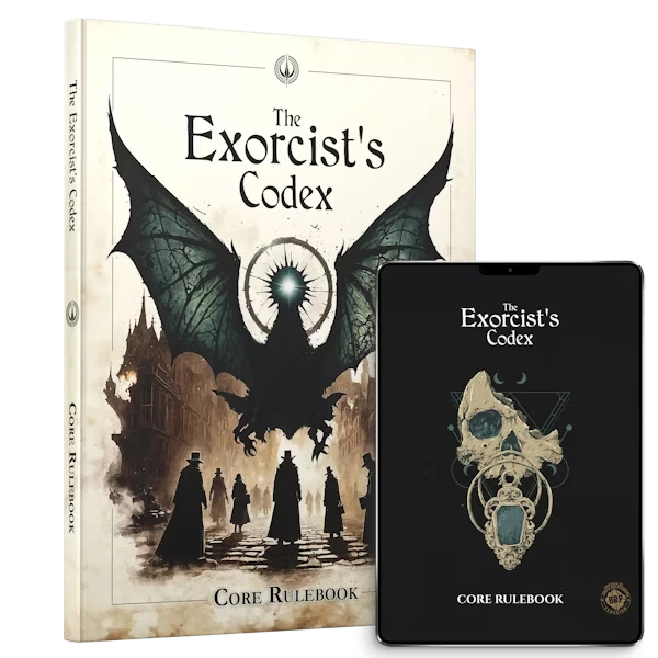 A physical copy of "The Exorcist's Codex" Core Rulebook features a striking cover illustration of a large, menacing bat-like creature with outstretched wings, set against a dark, atmospheric backdrop of shadowy figures in a medieval city. Next to it, a digital version of the same book is displayed on a tablet, showcasing a different cover design that includes a skull and mystical symbols. Both versions prominently feature the title "The Exorcist's Codex" and the subtitle "Core Rulebook."