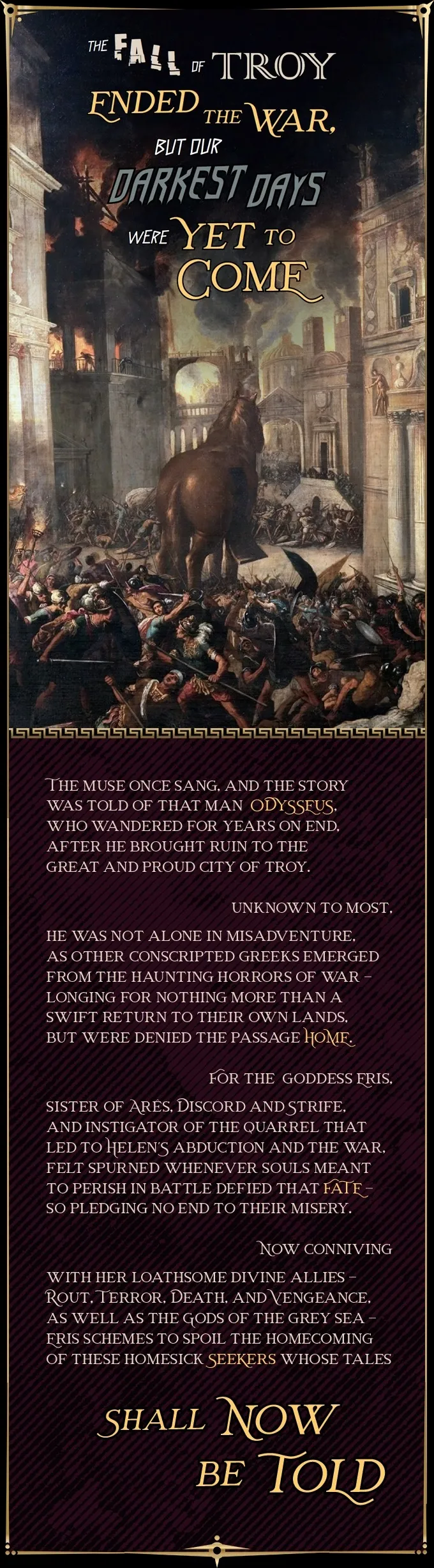 A chaotic battle scene in a classical style, depicting warriors in combat. In the foreground, a muscular man with dark hair, wearing a red loincloth and sandals, wields a spear and shield while fighting another warrior who is on the ground. Around them, multiple other men in various states of combat—some standing, some falling—clash with swords, spears, and shields. The fighters wear helmets, armor, and tunics, and some appear wounded or dead. The setting appears to be an open area near a city or fortress, with stone structures visible in the background. Below the image, a decorative border of Greek key patterns separates the artwork from the text. No legible text appears within the image itself.