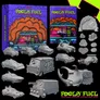 A vibrant display features the "Fool's Fuel" game box and rulebook, showcasing colorful artwork with a greenskin character and a chaotic landscape. Surrounding the books are various 3D-printed miniature vehicles, each with unique designs, including a sleek car, a van with an eye motif, and a whimsical vehicle resembling a creature. Additional elements include tokens and accessories, all set against a black background, emphasizing the game's dynamic and fantastical theme.