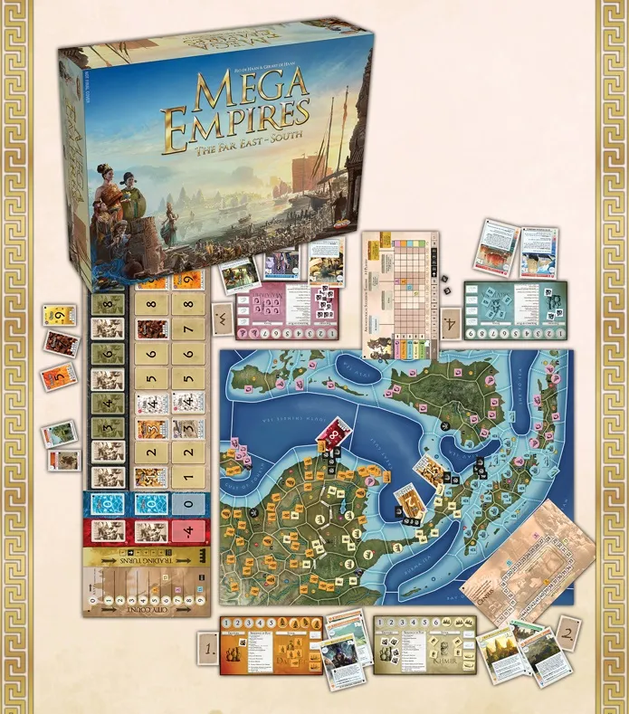 A large board game setup for "Mega Empires: The Far East - South" is displayed, featuring a detailed game board depicting East Asia with various regions marked for gameplay. The box for the game is prominently placed at the top, showcasing artwork that includes historical figures and a bustling port scene. Surrounding the board are various game components, including player boards, resource cards, and tokens, all organized neatly to facilitate gameplay.