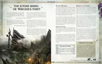 A page from a Warhammer Fantasy Roleplay sourcebook. The left side features a black-and-white illustration of a ruined coastal fortress with jagged cliffs, a lighthouse, and a shipwrecked vessel on rocky shores.