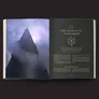 A partially open book displays the chapter titled "THE TEMPLE OF TOMORROW," featuring a striking image of a towering, pyramid-like structure shrouded in mist. The left page shows the base of the pyramid, while the right page contains text in an elegant font, detailing the chapter's introduction and background. The overall color scheme is dark, enhancing the mysterious and atmospheric feel of the scene.