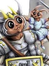 A whimsical illustration features a large, cartoonish knight with oversized eyes and a friendly expression, wearing shiny armor and a crown. Perched on the knight's shoulder is a smaller character, resembling a cute humanoid creature in a blue dress, holding a tiny sword. The background hints at a castle setting, adding to the fantastical theme of the scene.