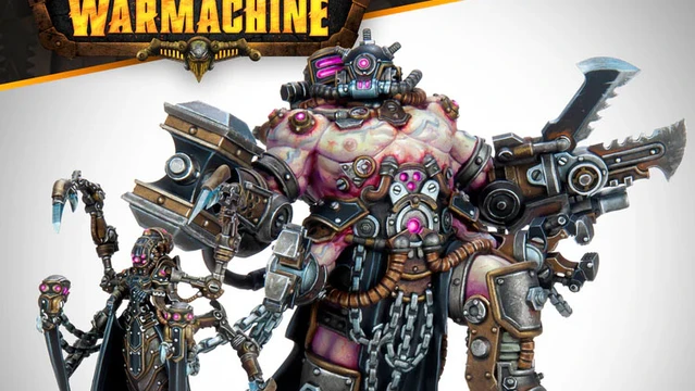 Exulon Nostilla, a Cephalyx psychic, stands on the left, adorned in dark robes with intricate mechanical details and glowing pink accents. Beside her is Aberration, a large, muscular monstrosity equipped with various mechanical enhancements and weapons, showcasing a mix of flesh and metal. Both figures are set against a neutral background, with the "WARMACHINE" logo prominently displayed at the top.
