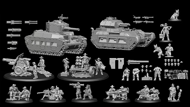A collection of grey 3D-printed miniatures showcases various elements from the Space Aussies 2: Mechanised Kangaroo Kickstarter. Prominent features include two armoured tanks, a cannon with crew, and multiple infantry figures in dynamic poses, all wearing boonie hats. Additional components such as weapon accessories, alternative turrets, and various tools are also displayed, set against a black background.