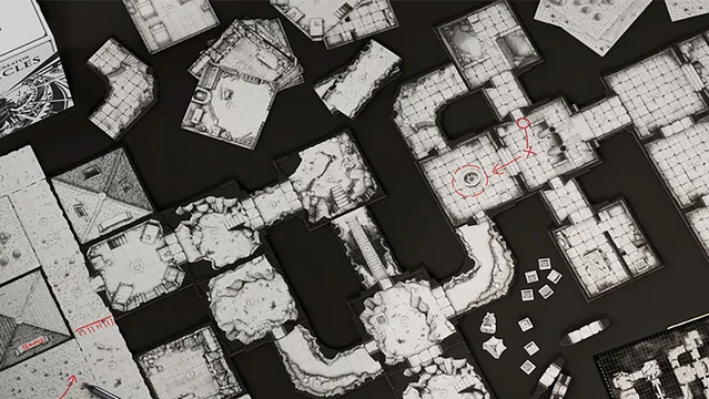 A detailed overhead view of a modular dungeon map, featuring various interconnected tiles with intricate designs representing stone floors and walls. Some tiles depict rooms and corridors, while others show circular areas and pathways. Red markings indicate specific points of interest, such as traps or objectives, enhancing the dynamic nature of gameplay.