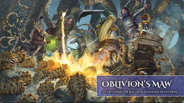 A dynamic scene from the fantasy dungeon crawler Maladum: Oblivion's Maw features several adventurers engaged in battle against a monstrous threat. The characters, including a warrior wielding a sword and a spellcaster casting magic, are surrounded by grotesque, writhing creatures and a fiery backdrop. The title "OBLIVION'S MAW" is prominently displayed at the bottom, indicating this is an expansion for the game.
