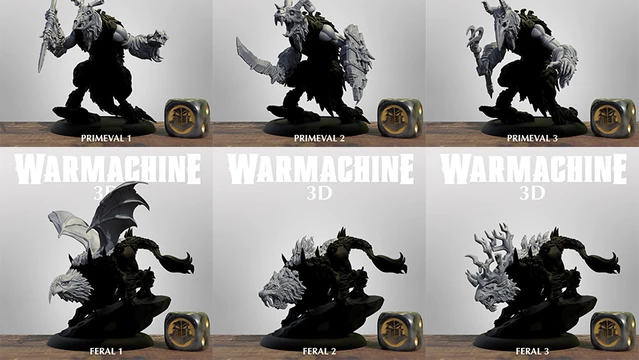 A collection of six 3D models from the Warmachine series is displayed in a grid format. The top row features three Primeval models, each showcasing unique designs with intricate details, including armor and weaponry. The bottom row presents three Feral models, characterized by their beastly forms and dynamic poses, with some featuring wings and distinctive facial features, all set against a simple background.